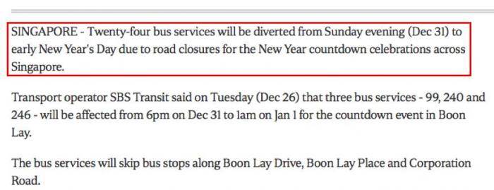 【便民】新捷运：部分巴士服务配合新加坡跨年倒数活动调整改道！