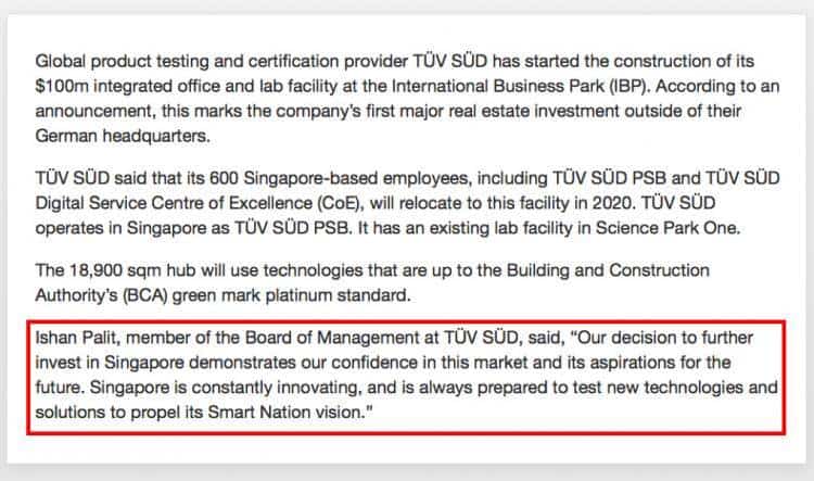 德国科技公司TüV SüD投资1亿新元在新加坡设实验室！
