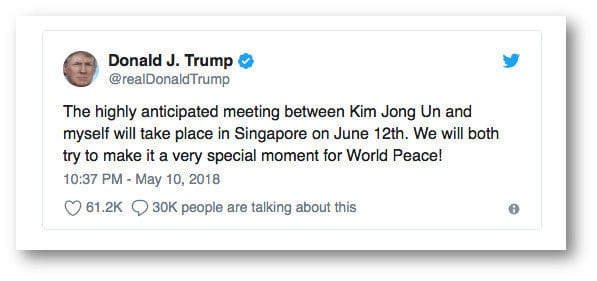 美国总统特朗普：美朝峰会6月12日于新加坡举行！