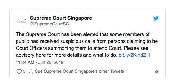 新加坡最高法院提醒公众，小心上当受骗泄露个人资料！