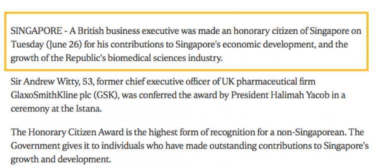 英国最大制药公司葛兰素史克前执行总裁安伟杰获颁新加坡荣誉市民奖！
