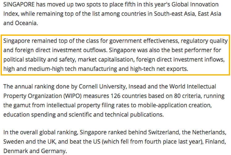 全球创新指数，新加坡排名升至第五！