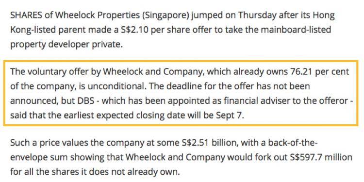 香港母公司打算将会新加坡本地上市公司德丰产业私有化！